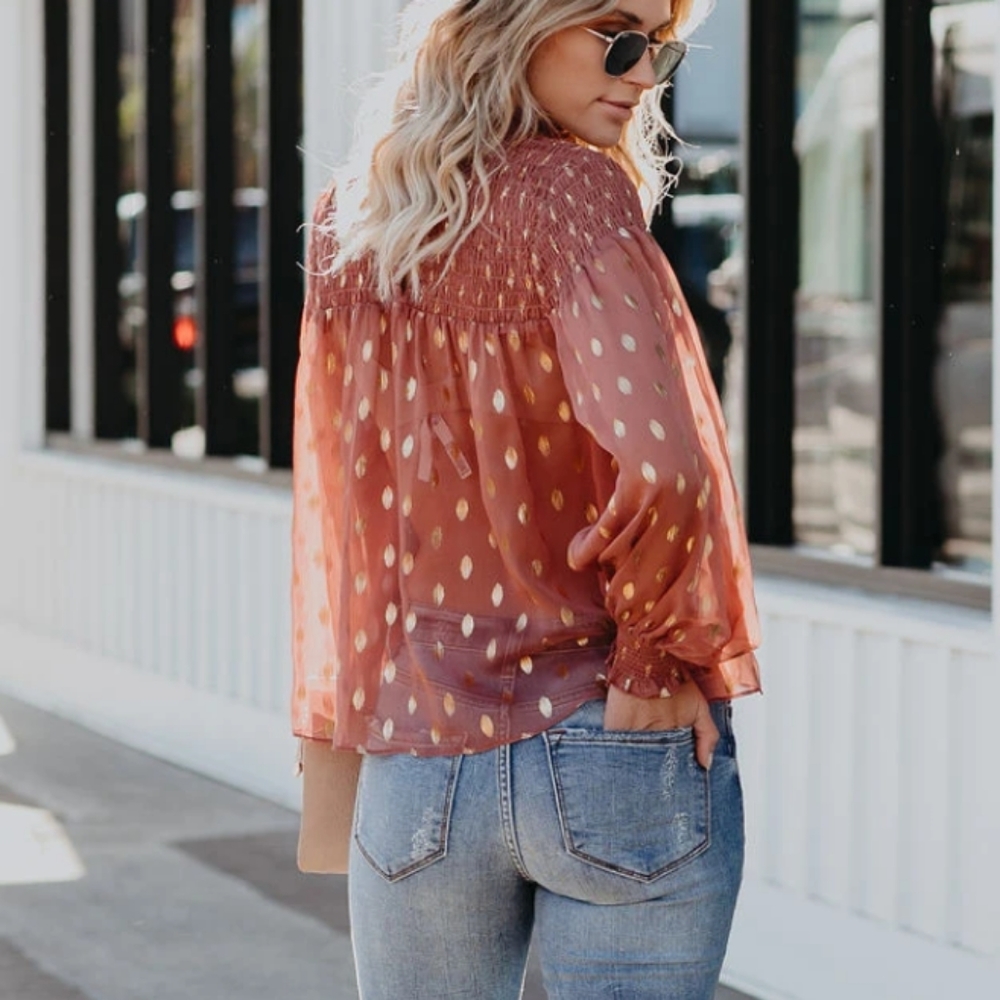 1 left! New Gorgeous Gold polka dot Smocked blouse - Picture 3 of 8